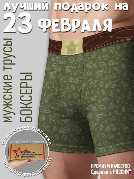 Трусы Боксеры "Подарок на 23 февраля", хаки 1 шт