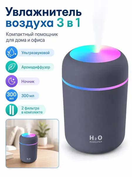 Увлажнитель воздуха мини с подсветкой, в комплекте с фильтром, для дома, для новорожденных, для автомобиля, для цветов, серый