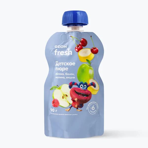 Пюре из яблок, банана, малины и вишни детское 90 г, Ozon fresh, с 6 месяцев