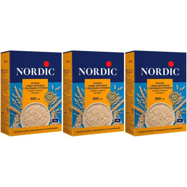 Хлопья Nordic 4 вида зерновых с овсяными отрубями 500 г, набор: 3 штуки
