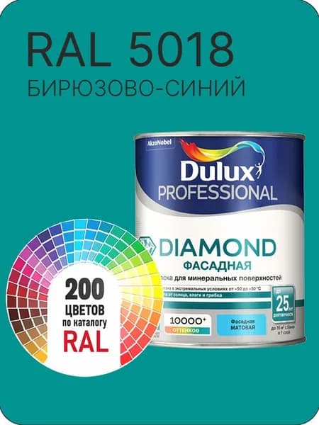 Краска для минеральных и деревянных фасадов Dulux Diamond цвет бирюзово-синий Ral 5018 0.8 л.