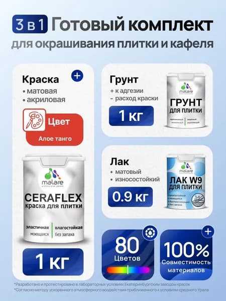 Комплект Malare LIPPO для окрашивания плитки и кафеля (1кг грунт + 1 кг краска + 0.9кг лак), акриловый, без запаха, быстросохнущий, матовый, цвет алое танго