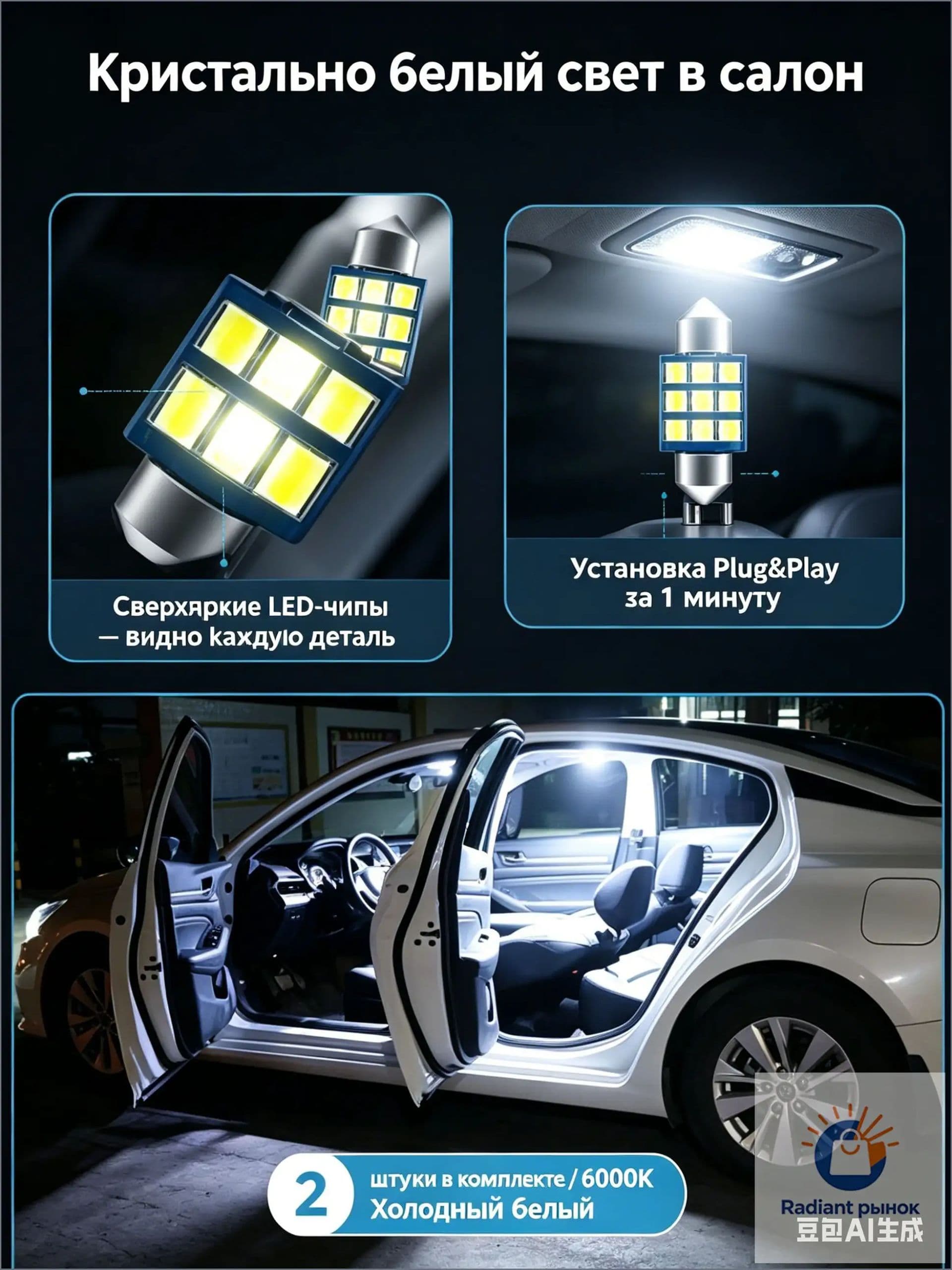 LED лампа в салон автомобиля, 6000K холодный белый свет для Hyundai Solaris 2010-2016, лампа освещения салона и чтения, сверхяркая замена штатной, комплект 2 шт Plug&Play