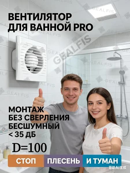 Вытяжной вентилятор 100 мм GEALFIS премиум качества; бесшумный осевой прибор для ванны и туалета. Долговечный влагостойкий корпус, монтаж без сверления, белый.