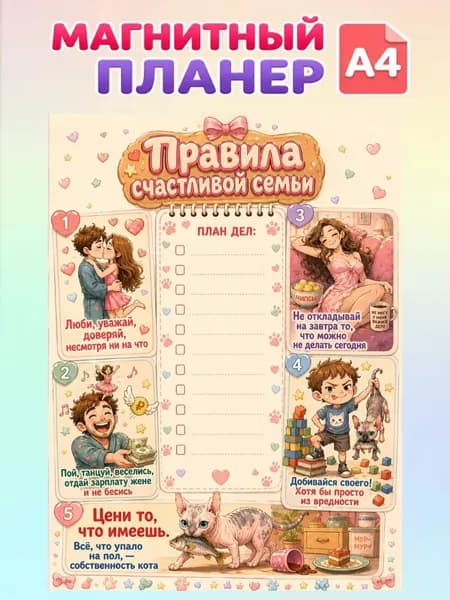 Планер магнитный на холодильник с маркером. Правила семьи. Формат А4