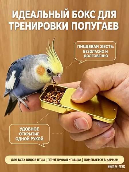 Кормушка для попугаев переносная металлическая - бокс для тренировки и приручения птиц, карманная коробочка для лакомств неразлучников и корелл, дорожный контейнер для корма