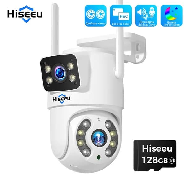 Беспроводная камера Hiseeu, 128G SD - карты двойной объектив, искусственный интеллект для обнаружения людей, наружная облачная камера безопасности