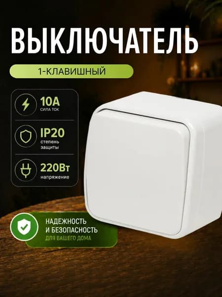 Выключатель одноклавишный накладной белый 10А, DEKRON