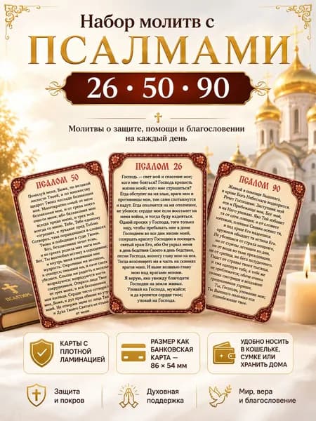 Набор молитв с псалмами 26 50 90 на русском языке карты с плотной ламинацией, обереги в кошелек