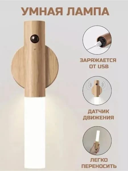 Беспроводной настенный ночник светильник на аккумуляторе с датчиком движения, диодными лампами и магнитным креплением для чтения и сна