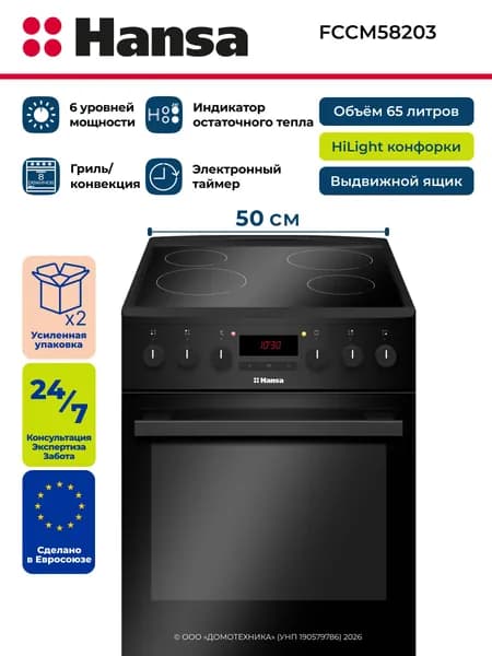 Плита электрическая HANSA FCCM58203, Ширина 50 см, 4 электрические конфорки, Объем 65 литров, 8 режимов нагрева, Часы/Таймер, Гриль/Конвекция