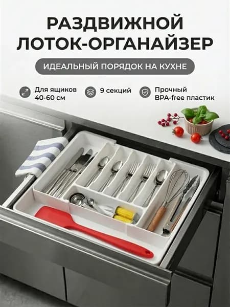 Лоток для столовых приборов раздвижной белый