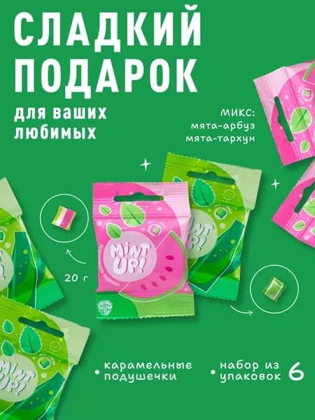 Конфеты подарочные Sweet Ness. Карамель в пакетиках. Сладкий набор леденцы подушечки мята - тархун, мята-арбуз 20 гр х 6 упаковок