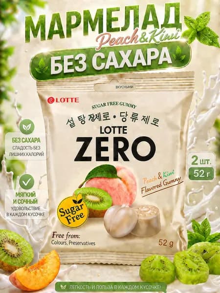 Мармелад без сахара Zero со вкусом персика и киви,2 шт