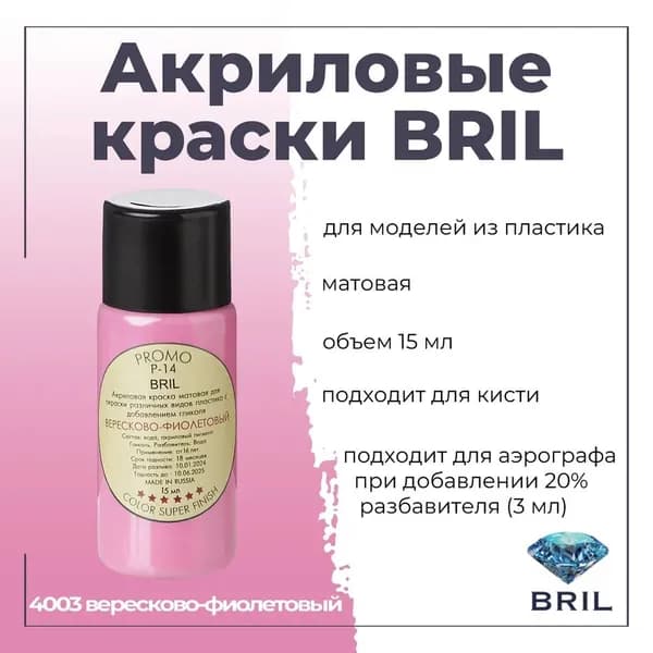 Акриловая краска для моделирования BRIL, для окраски различных видов пластика, под кисть, для аэрографа-разбавлять, баночка 15 мл