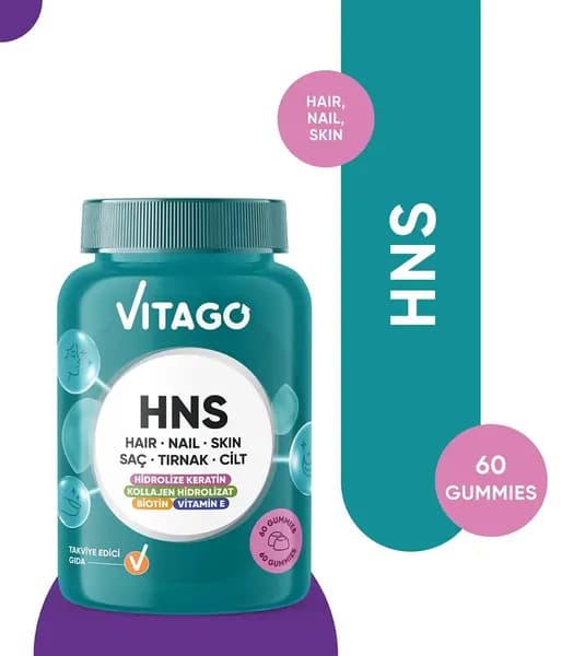 Vitago HNS (волосы, ногти, кожа) с биотином, фолиевой кислотой, витамином E и гидролизованным кератином 60 мармеладок