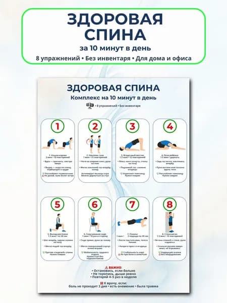 Упражнения для здоровой спины, постер-комплекс А3, гимнастика для осанки и позвоночника, глянцевый