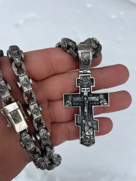 Комплект мужской серебряный, цепь Святые Угодники 150гр и крест Православный 35гр, серебро 925 пробы