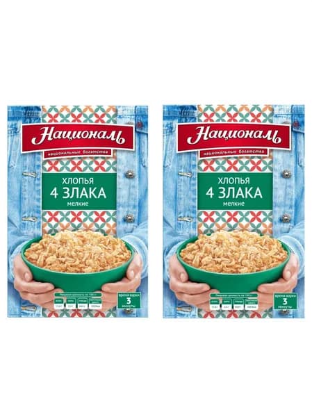 Националь Хлопья, 4 злака, мелкие, 400 г, 2 шт