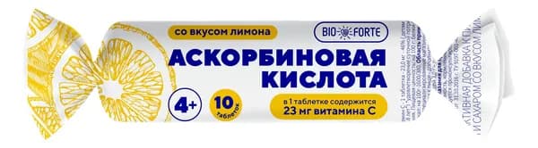 Аскорбиновая кислота Солнышко BioForte (лимон с сахаром и глюкозой) 10 таблеток