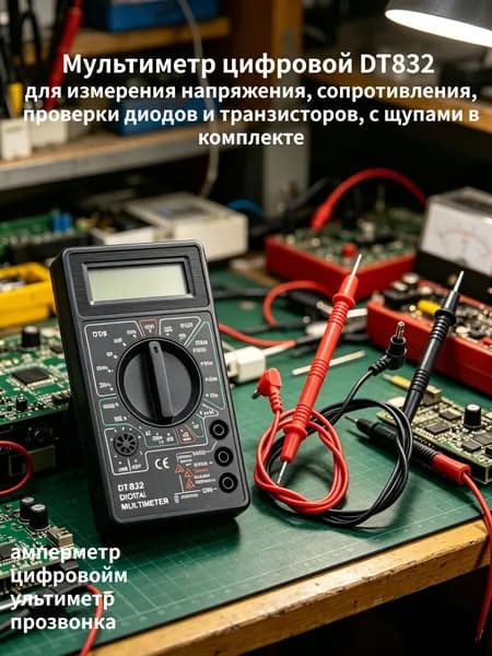 Калибр промышленный Цифровой мультиметр DT832, тестер напряжения, сопротивления, диодов, транзисторов, с щупами, черный