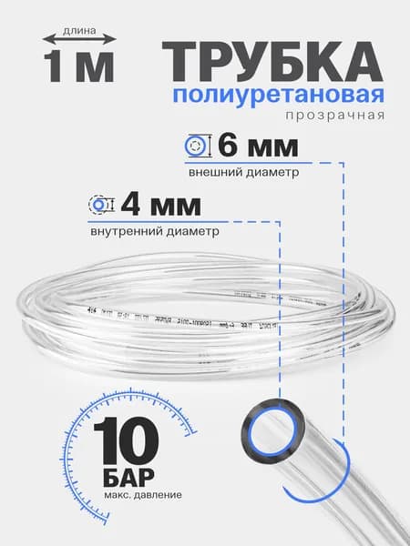 Трубка прозрачная пневматическая полиуретановая (PU) 6 мм x 4 мм 1 метр