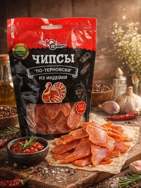 Вяленое мясо, Мясные чипсы, Продукт из мяса индейки бескостный, Сыровяленый, Высшего сорта, С Кубани, "Ломтики по-Терновски Классические", 100 г