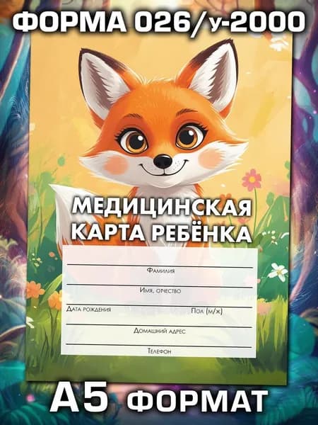 Медицинская карта 026/у-2000 Аурасо, медкарта в детский сад, школу и поликлинику, амбулаторная, формат А5