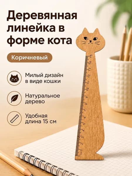 Линейка деревянная в форме кота, 15 см, коричневая для рисования и измерений
