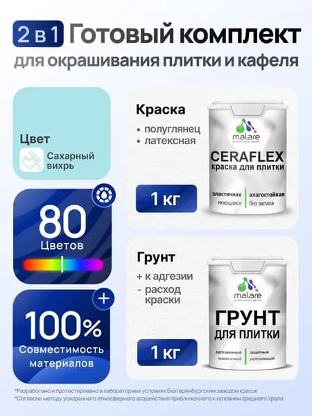 Комплект Malare LIPPO для окрашивания плитки и кафеля (1кг грунт + 1 кг краска), акриловый, без запаха, быстросохнущий, полуглянцевый, цвет сахарный вихрь