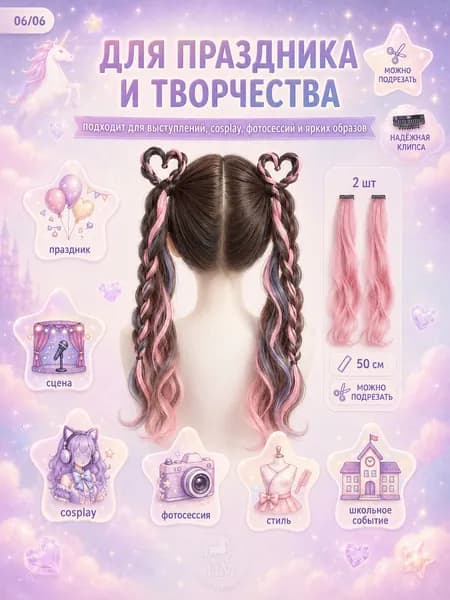 Цветные пряди для волос на клипсах, 2 шт