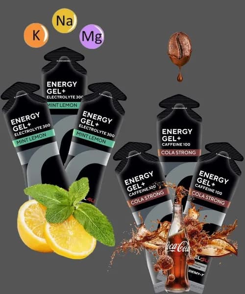 Энергетические гели для бега и марафона Gel4u, 6 шт (3 с электролитами + 3 с кофеином)