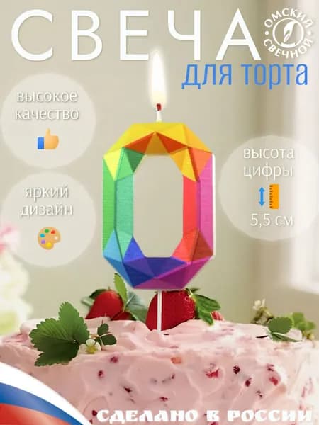 Свеча для торта, цифра 0, разноцветные, грани