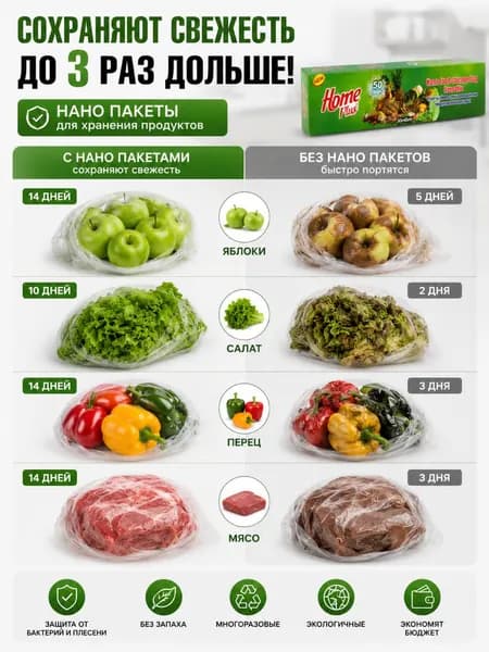 Многоразовые пакеты для хранения продуктов Homeplus Nano Food Storage Bag, 30*40 см , 50шт