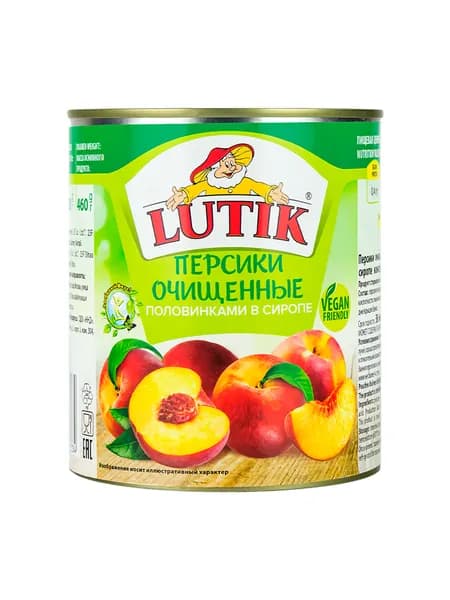 Персики Lutik консервированные очищенные половинками в сиропе, 850мл