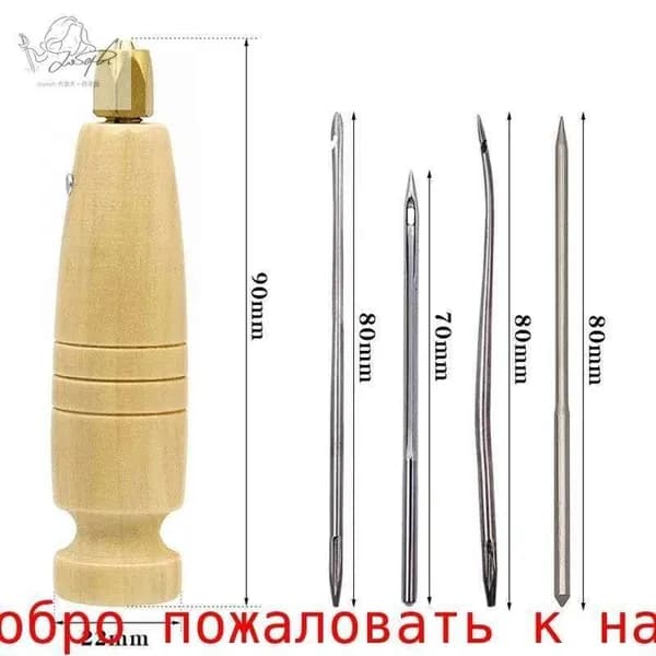 Цанга деревянная с иглами (4 шт.), белая ручка / шило швейное сапожное