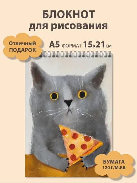 Блокнот для рисования А5 с серым котом с пиццей