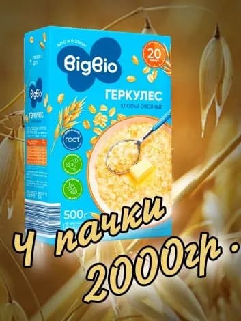 Хлопья Геркулес овсяные 2000гр.(4 упаковки х 500гр.) "BIGBIO" ГОСТ-21149-2022