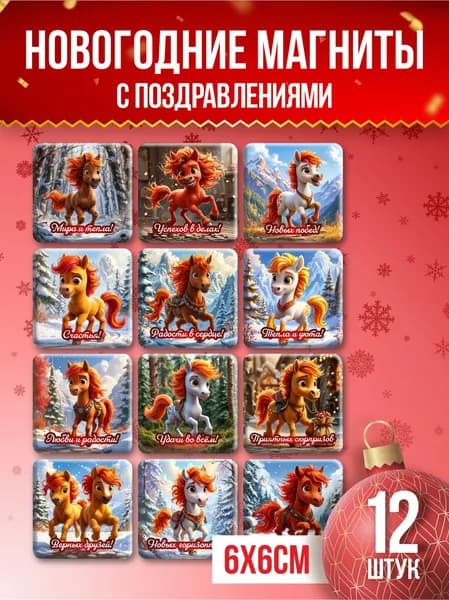 Набор новогодних магнитов символ года Лошадь 2026 большие 12 шт, подарок на Новый год