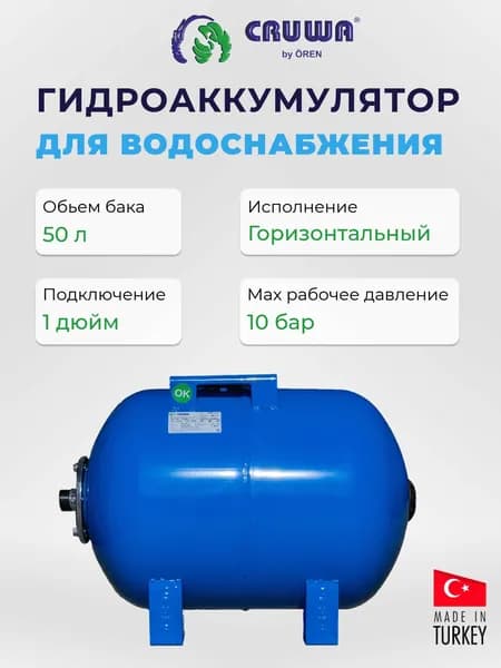 Гидроаккумулятор CRUWA CRW-H - 50 л. (PN10, Tmax 100 C, горизонтальный, для напольного монтажа)