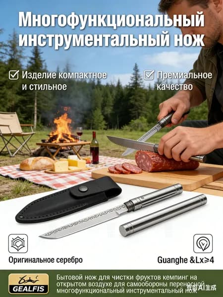 Многофункциональный нож GEALFIS, серебристый, для чистки фруктов и походов на природе, съемный