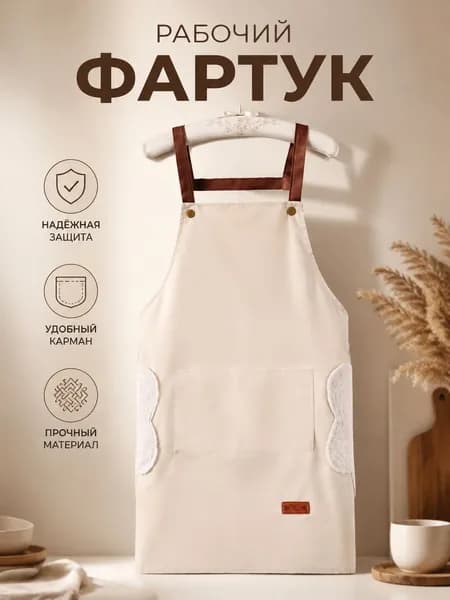 Фартук рабочий, PVC, бежевый, для кухни и сервиса, с широкими лямками и большим карманом