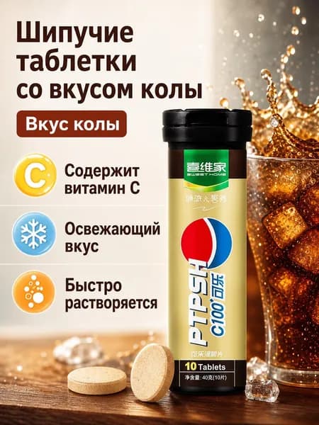 Набор шипучих таблеток с витамином С, вкус колы, без сахара, 3 шт. Для освежающего прохладительного напитка