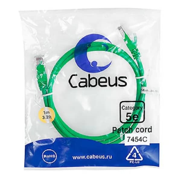 Патч корд Cabeus, U/UTP, категория 5е, 2xRJ45/8p8c, неэкранированный, зеленый, PVC, 1м (PC-UTP-RJ45-Cat.5e-1m-GN)