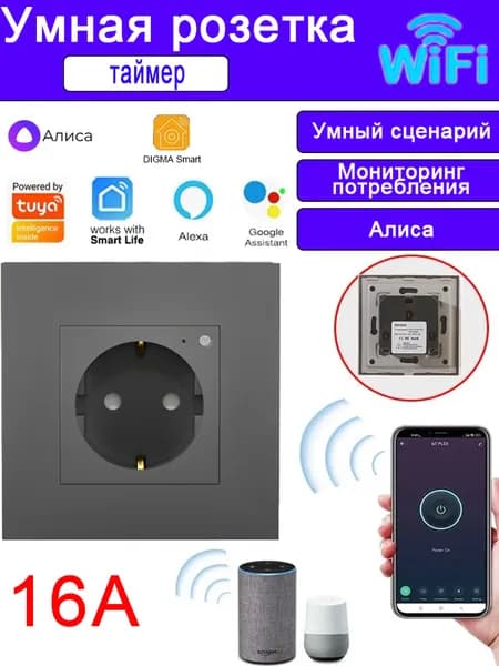 Умная беспроводная Wi-Fi розетка внутреннего монтажа, голосовое управление Yandex Алиса, таймер, 16А, с отслеживанием энергопотребления,серый