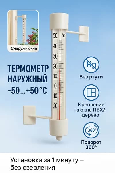 Наружный термометр от -50 до +50C на липучке, без ртути, крепление 360, для ПВХ окон