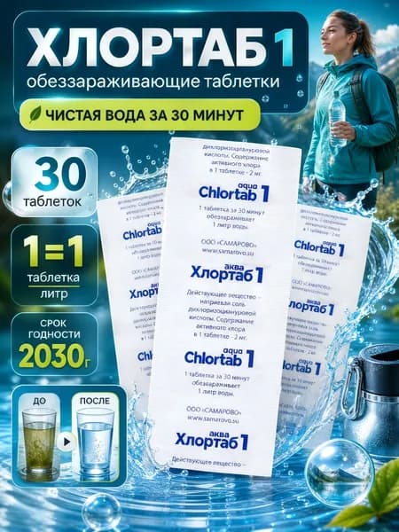 Таблетки для дезинфекции воды Хлортаб АКВА 1, 10 шт. в упаковке, (1 табл. на 1 л. воды), в комплекте 3 упаковки