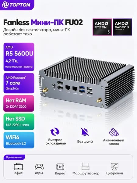 TOPTON Мини-ПК FU02 (AMD Ryzen 5 5600U, RAM Отсутствует, AMD Radeon Graphics, Без ОС), FU02, серебристый