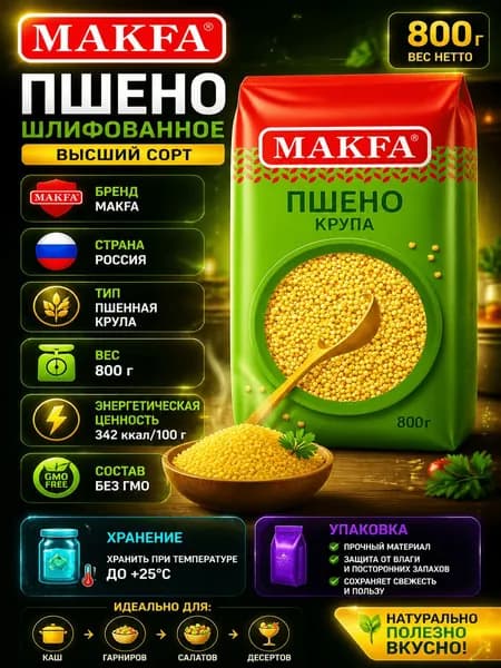 Крупа пшено Makfa шлифованное высший сорт, 800г