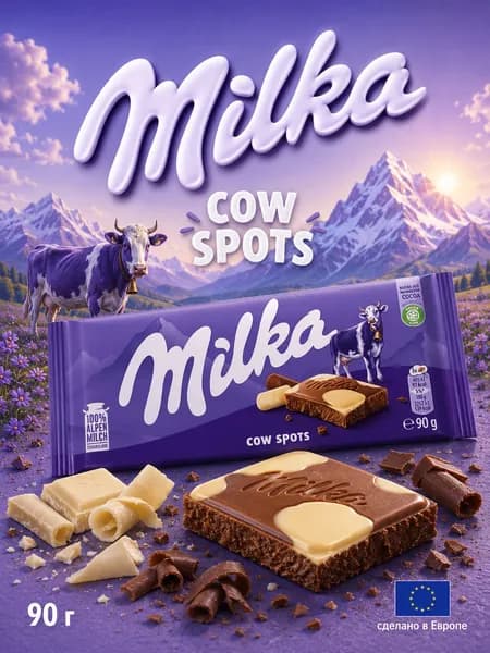 Milka, Шоколад молочный с белым Cow Spots, 90 г